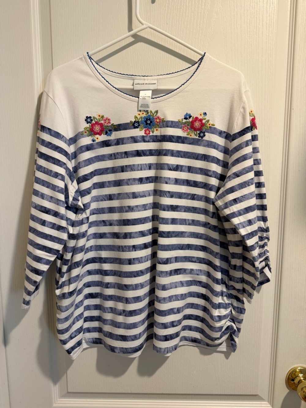 Alfred Dunner White Knit Top with Blue Trim & Floral Embroidery